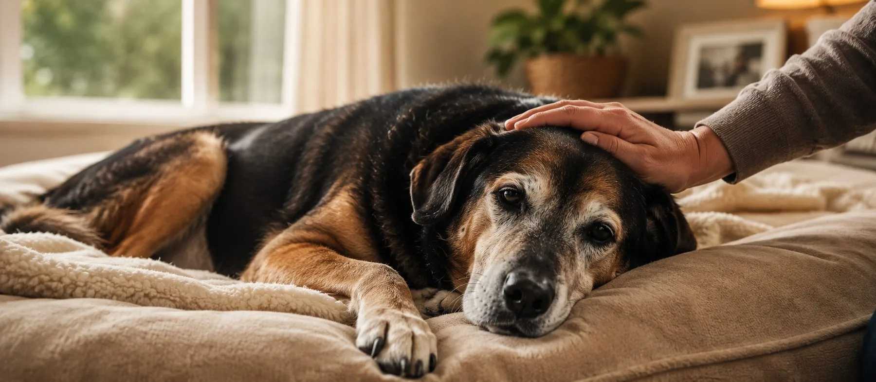Perro senior recibiendo cariño mientras descansa cómodamente