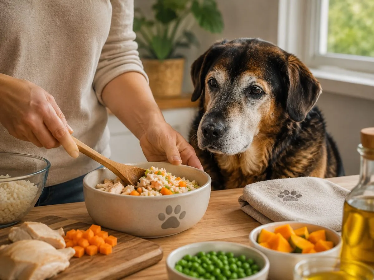 Tutor preparando alimentos frescos para su perro senior
